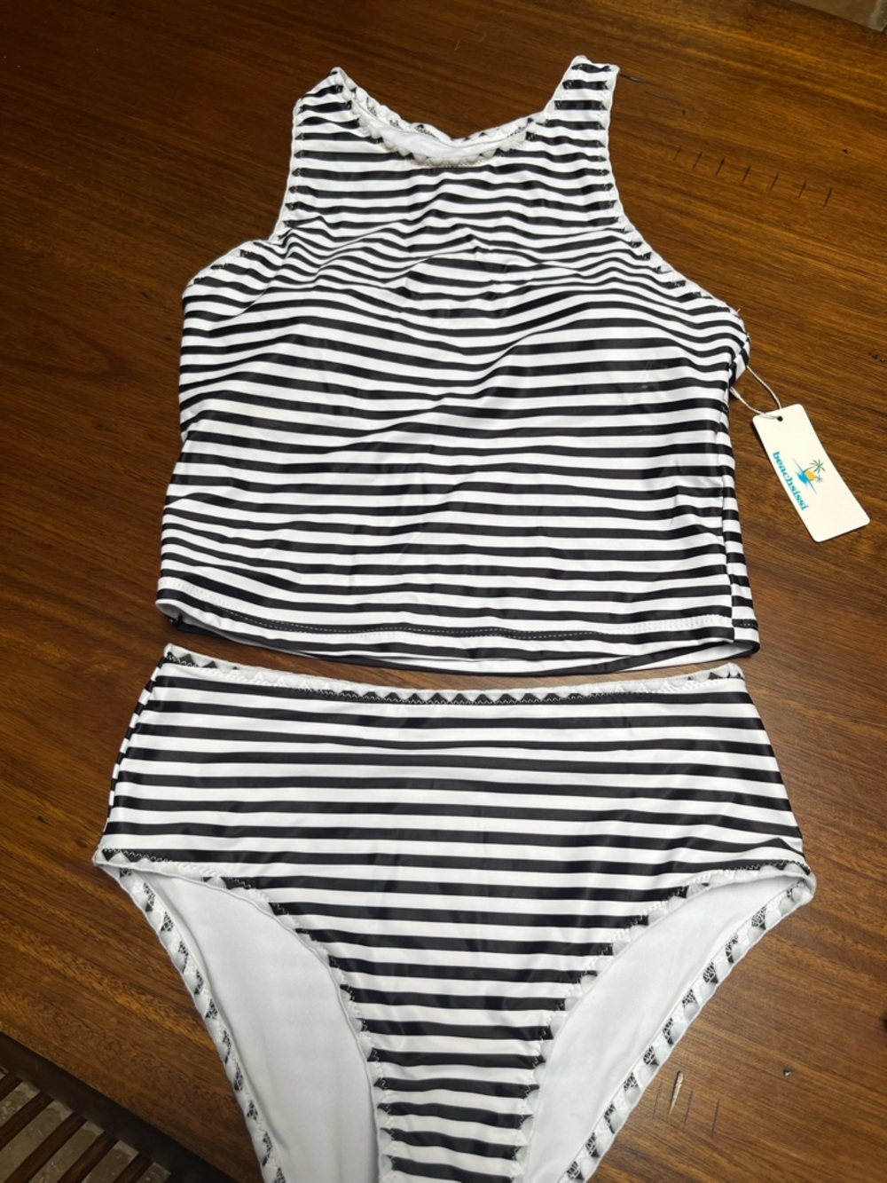 Striped High Neck Two-Piece Swim Set - Black & White